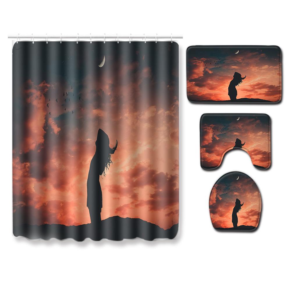 Landscape Shower Curtain Floor Mat Combination Four-Piece Set Bathroom Toilet Carpet Shower Room Mat Foot Mat