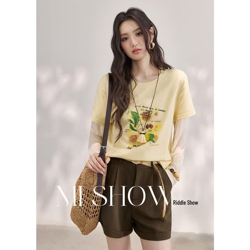 Ice Lemon Tea Print Mesh Panel T-Shirt S