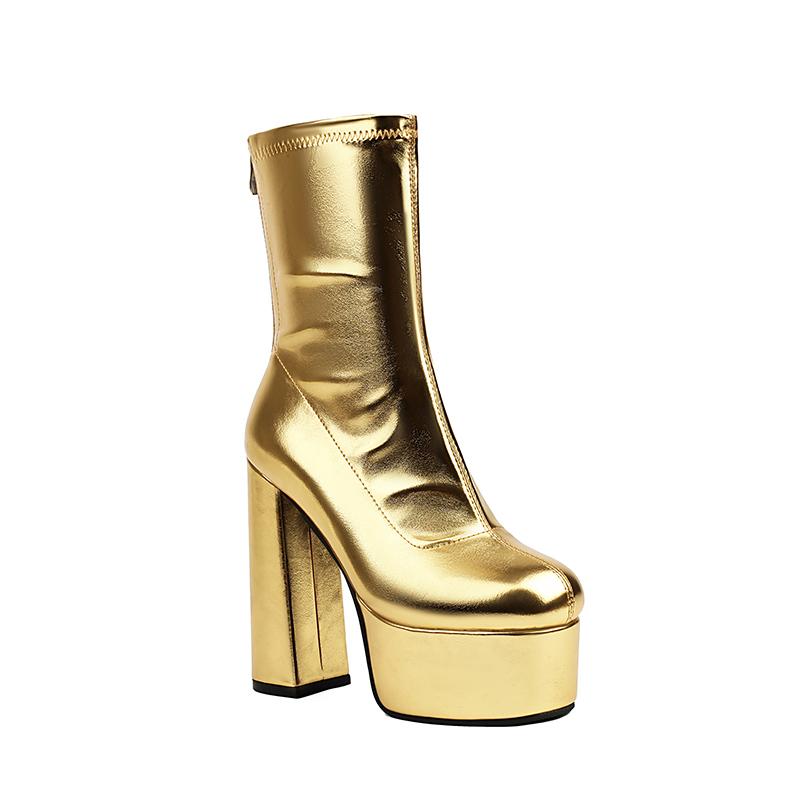 Nadměrná velikost Kulatá špička Super vysoký Silný podpatek Vysoká platforma Zadní zip Módní Dámské kozačky Prodyšný Vnitřní Elastické kozačky