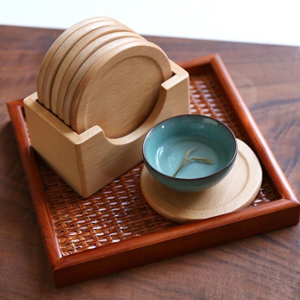 6 Stück/Set Japanischer Stil Tassenuntersetzer Rund Isoliert Tischset Teegeschirr Holz Untersetzer Geschirr