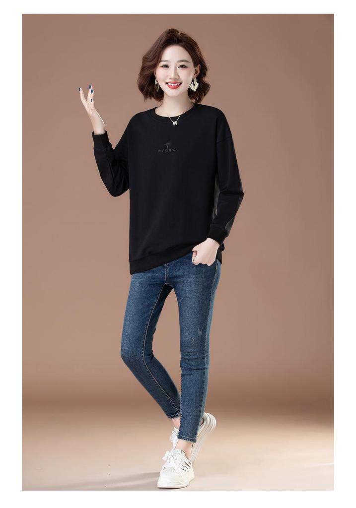 Women's Loose-Fit Pure Cotton Hoodie - Plus Size, Tummy-Covering, Slimming, Casual Spring/Autumn Top for Middle-Aged Mothers
