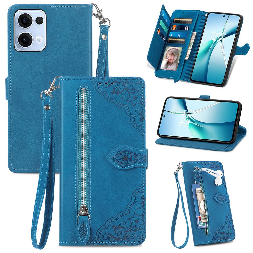 Para Oppo Reno13 5G (Global) Capa Carteira com Zíper e Alça Estampa de Flor Couro PU Capa de Celular