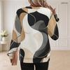 Women Plus Size Round Neck Long Sleeve Green Beige Abstract Printed Sweatshirt Ribbed Cuffs Pullover