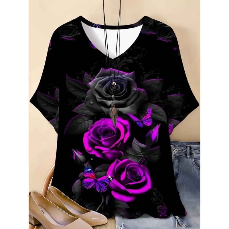 Camiseta de Manga Corta con Cuello Redondo y Estampado Floral 3D para Mujer