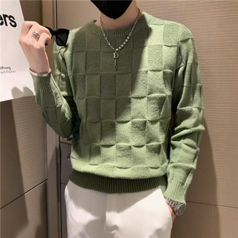 Korean Autumn/Winter New Sweaters Men's O-Neck Solid Chessboard Pattern Fashion Casual Loose Long Sleeve Pullovers Knitted Tops