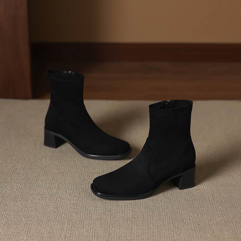 Krazing Pot Flock Round Toe Thick Heels Chelsea Boots Size 42 Zip Women Concise Style Elastic Ankle Boots