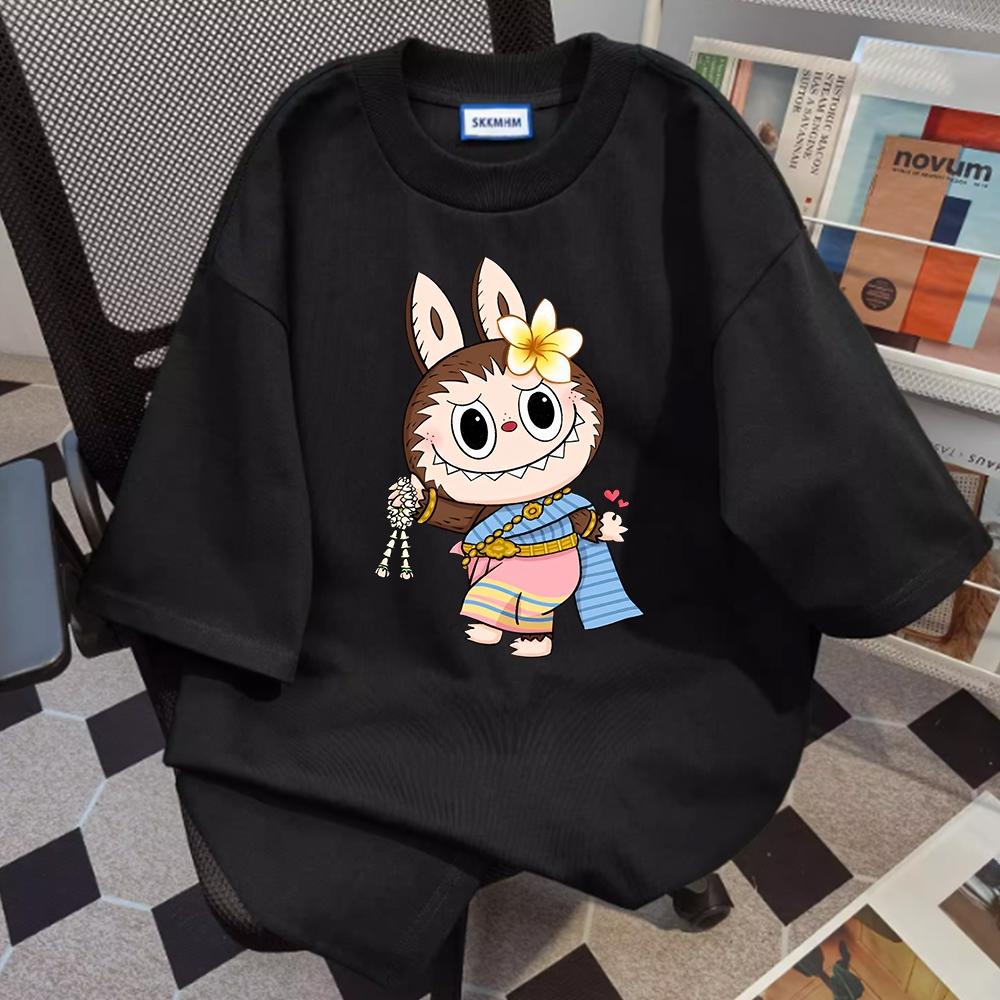 2025 new fashion labubu t-shirt cute and sweet cartoon print summer loose casual street wear unisex