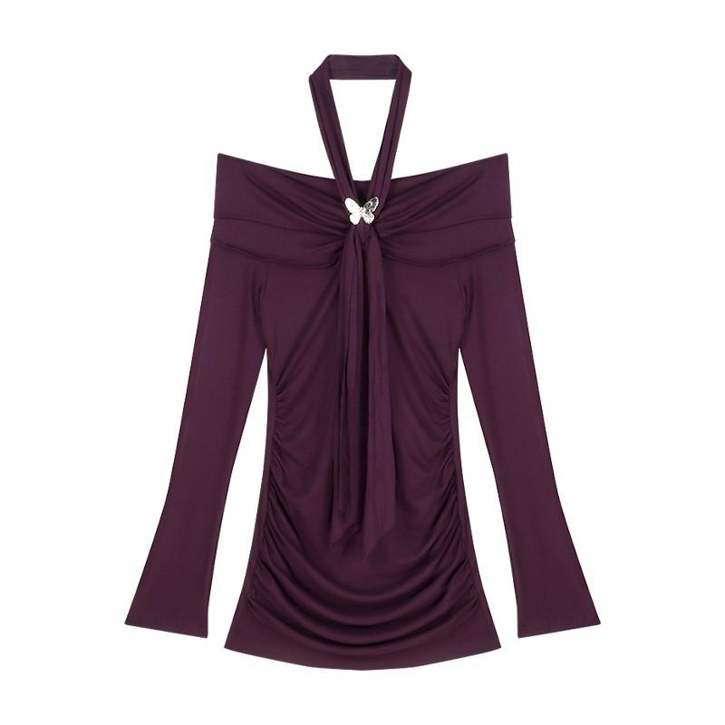 Neck Purple Long-sleeved Dress Women's Autumn and Winter Pure Desire Sexy Hip-wrapped Mom Skirt One-word Shoulder Celebrity Inner Skirt