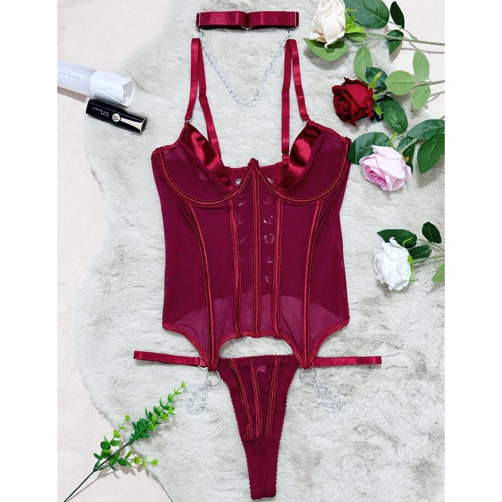 Cross-border Burgundy Satin Underwired Corset Garter Belt Lingerie Set for Women