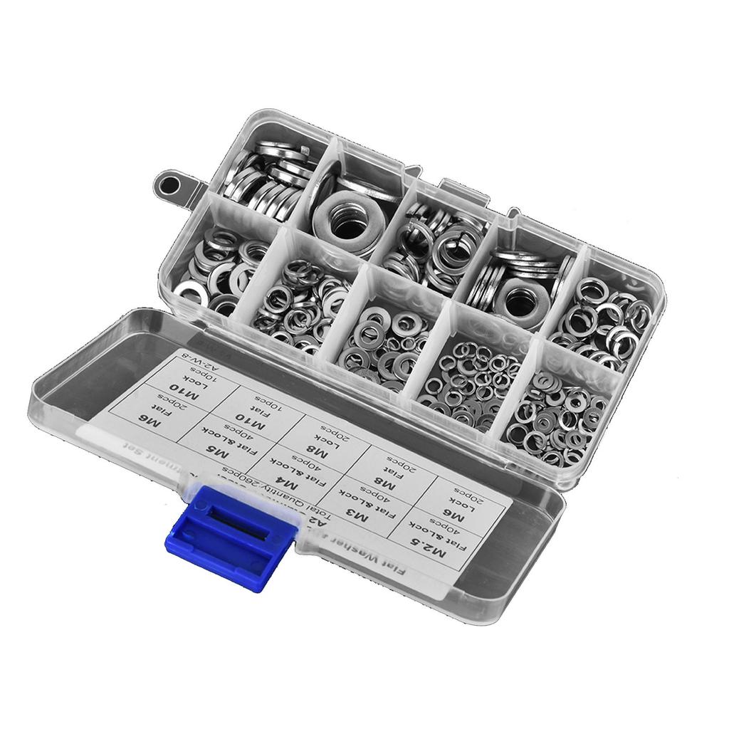 260PCS Stainless Steel Flat Washer Spring Washer Assortment Set M2.5 M3 M4 M5 M6 M8 M10