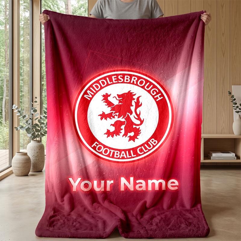 Middlesbrough FC Custom Name Text Flannel Blanket Soccer Logo Personalized Fleece Throw Blanket Special Gift For Sofa Bedroom Home