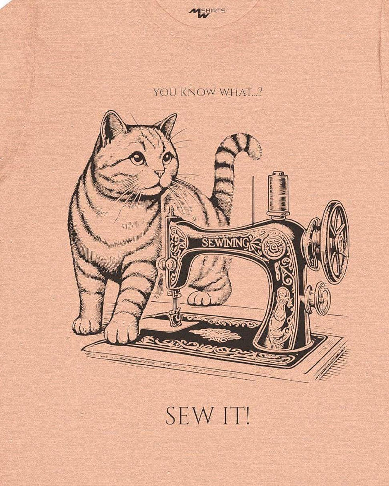 Kitten Sewing Machine Tee: Engraving Style Cat Seamstress Gift Shirt L