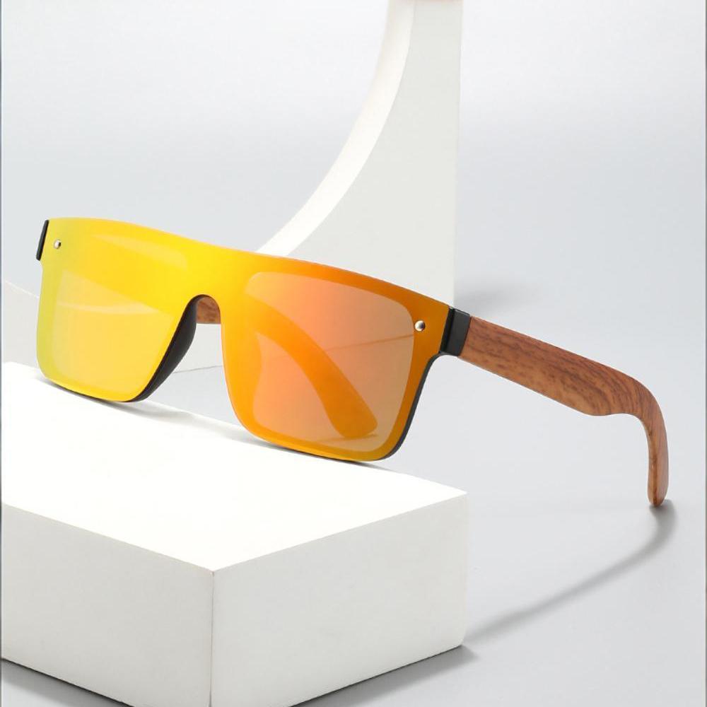 Polarized Sun Glasses Flat Top Square Frame Luxury Wood Grain Temples Women Eyeglasses Retro Square UV400 Outdoor Goggles