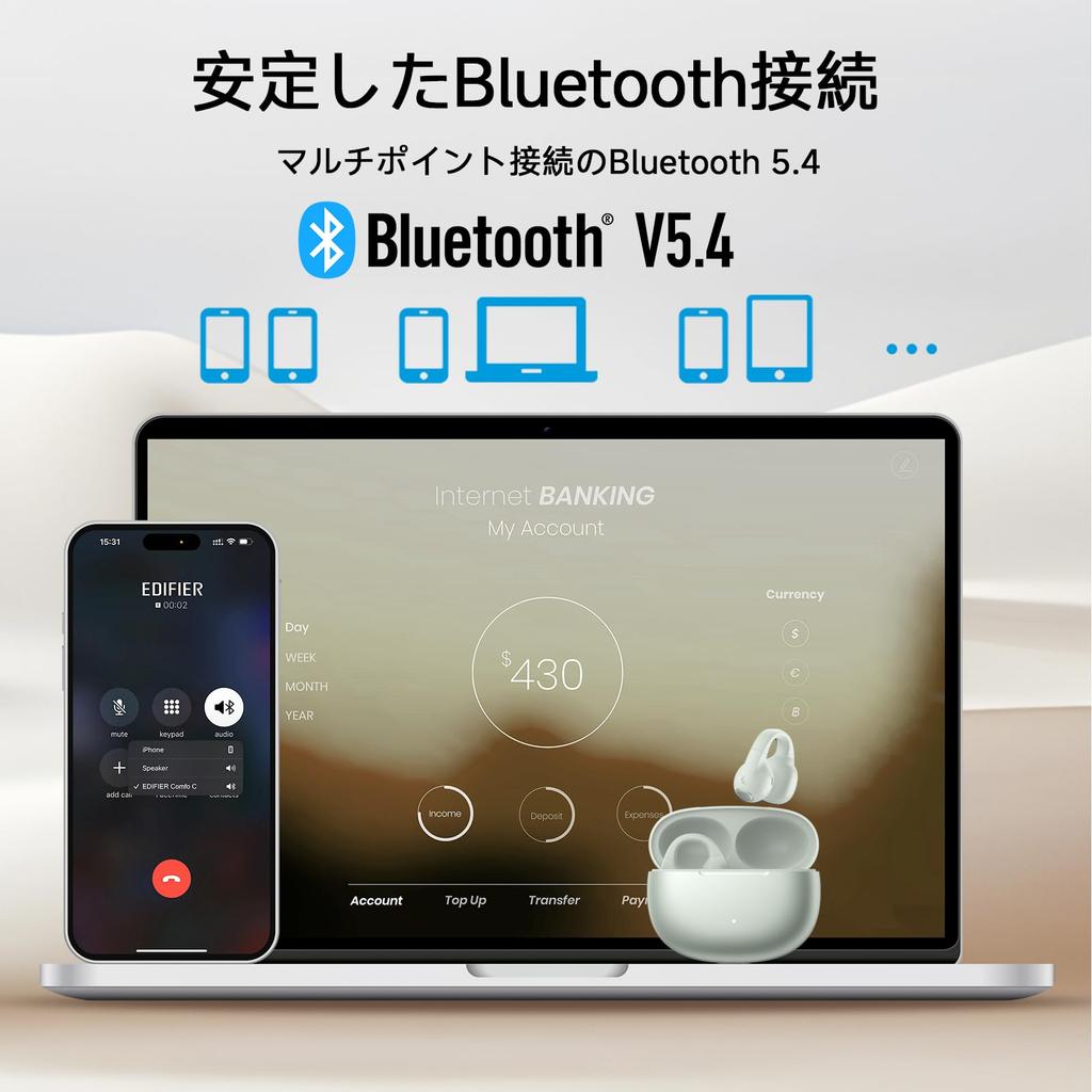 Edifier Comfo C Bluetooth Wireless Comfortable 28 Hours of Ear Cuff Clear IP56 App for and Fitness Open-Ear Headphones, 5.4 Compatible, Earbuds, Fit,