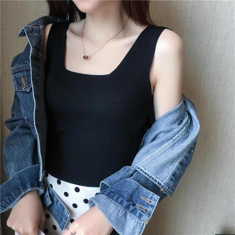 Small Suspender Women's Autumn and Winter Suit with Summer Sleeveless Short Knitted Black Vest and Bottoming Shirt Top