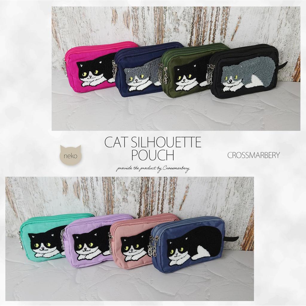 Crossmarberry Cat Small Item Triple ST06 Navy Pouch, Large, Cute, Women's, Design, Stylish, Divided, Storage, Fluffy, Zipper, Horizontal, Portable,