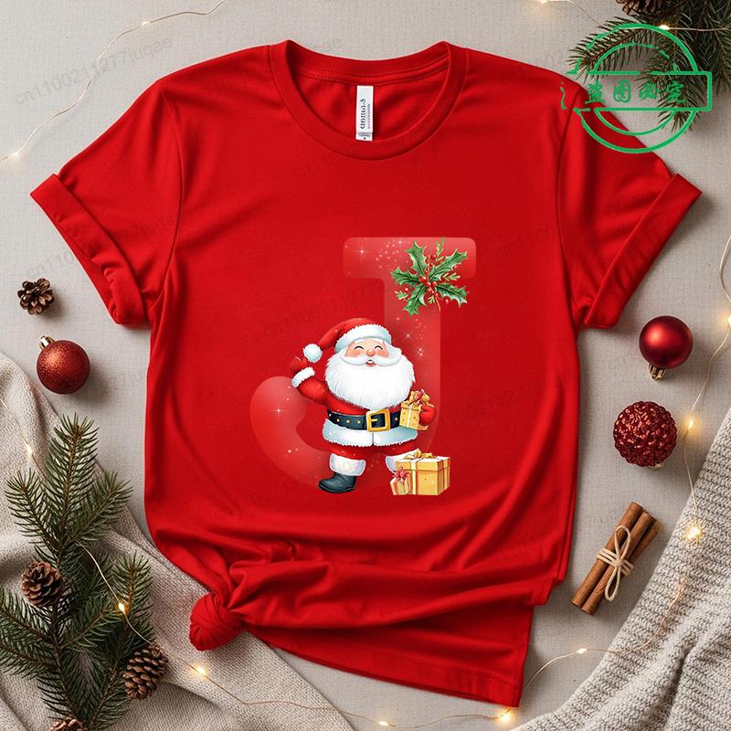 Christmas SantaAlphabet Letter Print T-shirt Short Sleeve Crew Neck Casual Top Kids Festive Holiday Women's Clothing Top