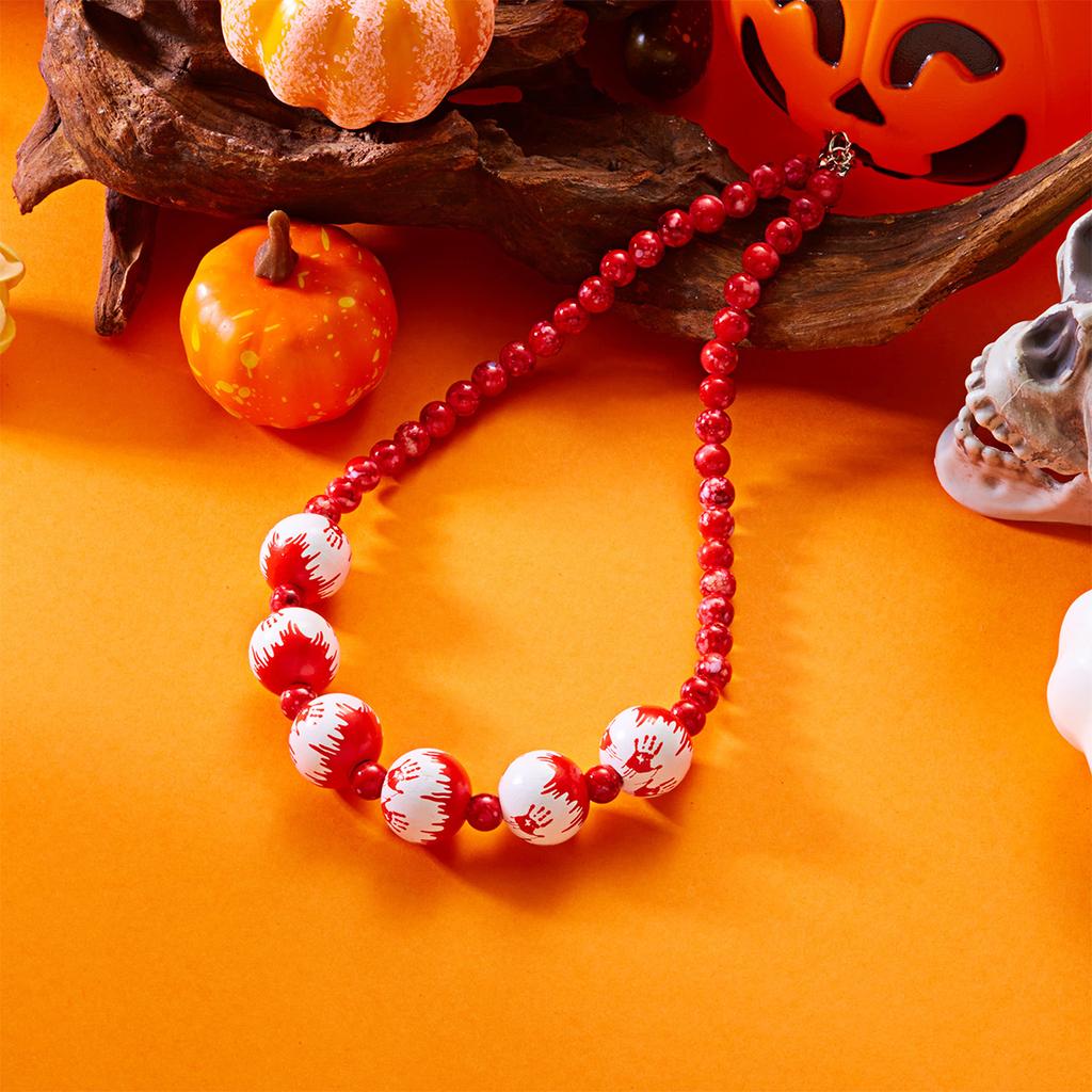 Halloween Pumpkin Ghost Necklace Gothic Pendant Handmade Rice Bead Chain Adjustable 35-40cm Halloween Party Jewelry Accessory