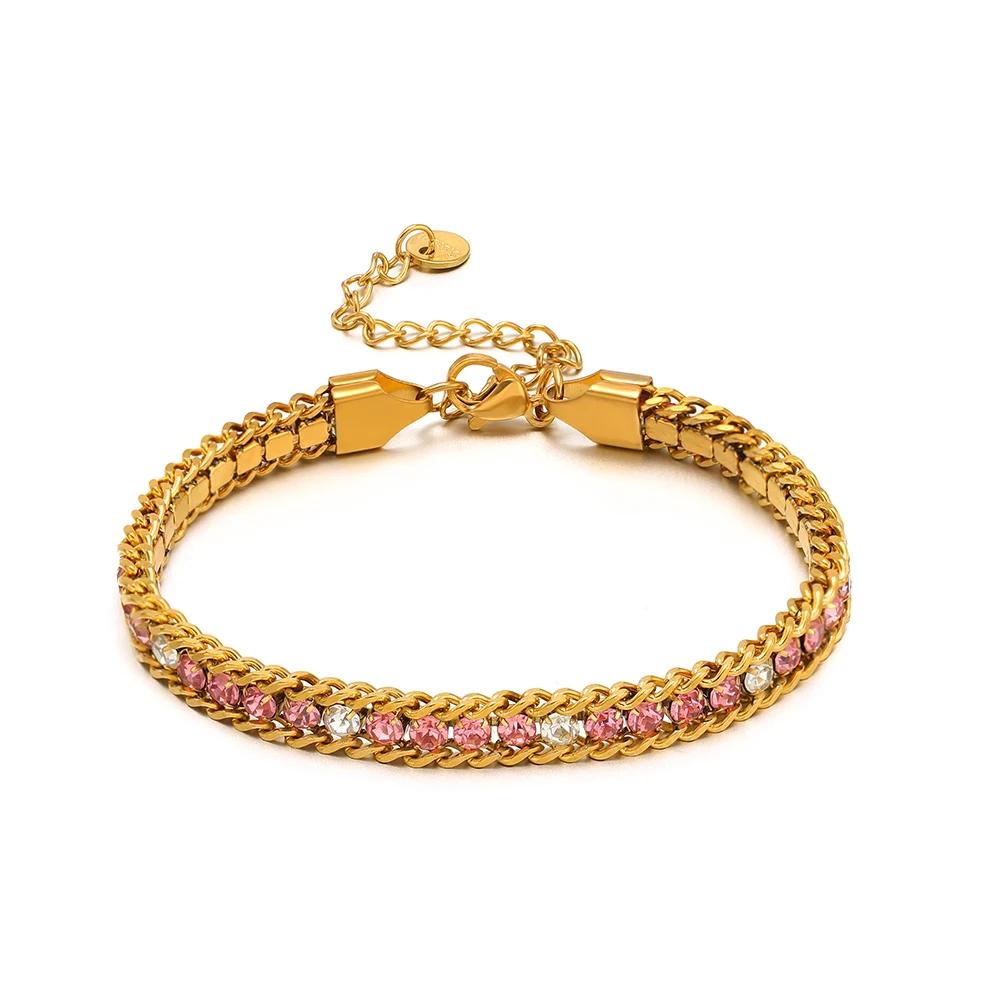 1pc AAA Cubic Zirconia Stone Bracelets Gold Color Stainless Steel Metal Chain Bracelet for Women Punk Hip Hop Jewelry Wholesale