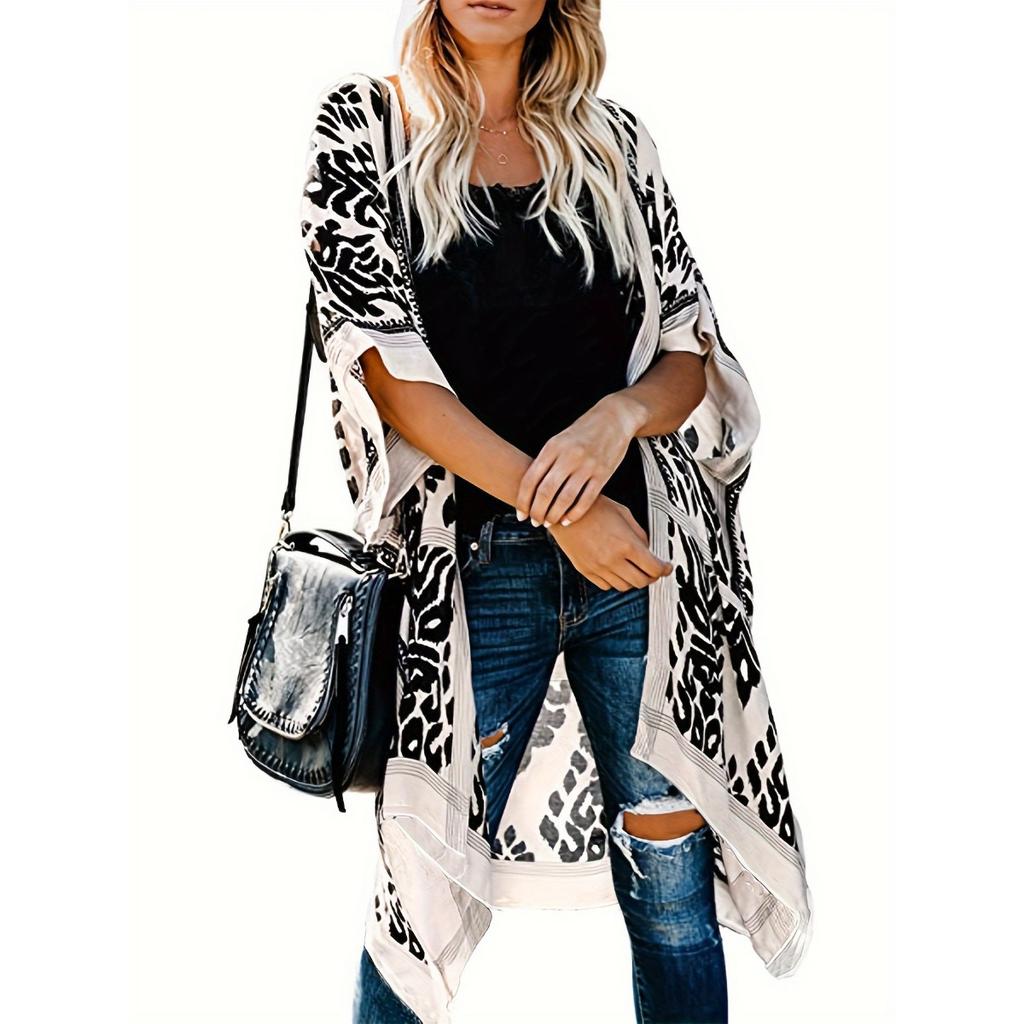 Dam Boho Chiffon Kimono Kofta, Öppen Framtill, Strandöverdrag, Casual Semesterstil, Ytterkläder för Solskydd
