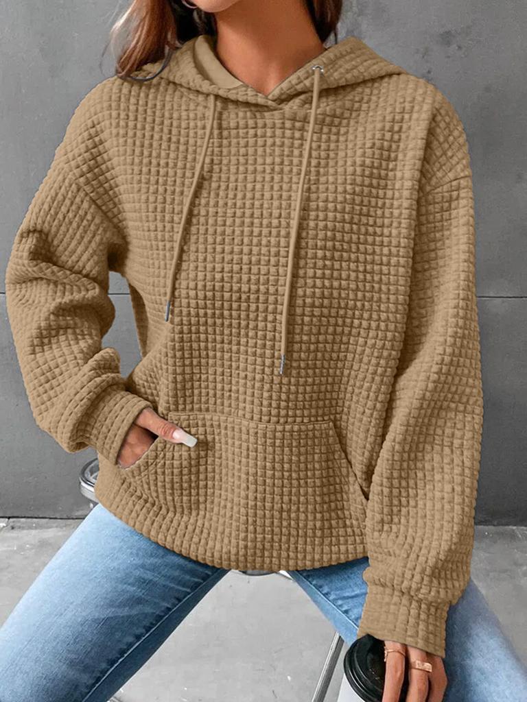 2025 New Women's Loose Hooded Long-sleeved Stitching Sweater Leisure Versatile Round Neck Solid Color Waffle Knit Hoodie