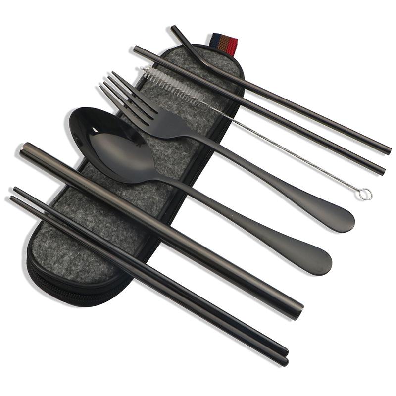 Stainless Steel Portable Tableware Stainless Steel Straw Chopsticks Fork Soup Spoon Combination Set Seven Piece Set Dinner Set