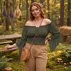 Women Vintage Off Shoulder Blouse Tie Front Mid Sleeve Casual Top Elastic Waist Ruffle Hem Shirt