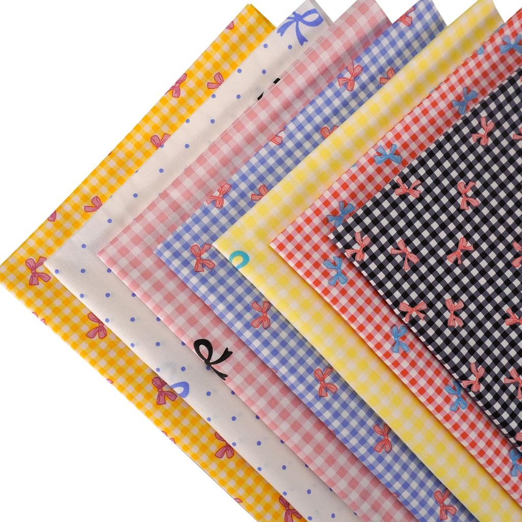 Set of 7 Checkered Bow Patchwork Cut Nordic Cotton 46x56cm Fabrics, Cloths, Scraps,