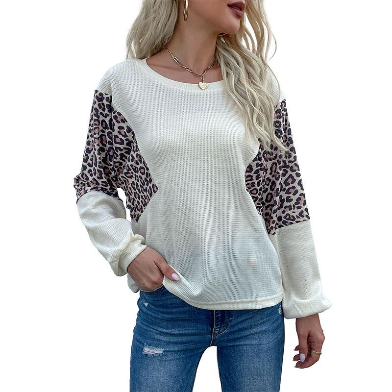 Women's Crew Neck Knitwear, Color-Block, Leopard Print, Loose Fit
