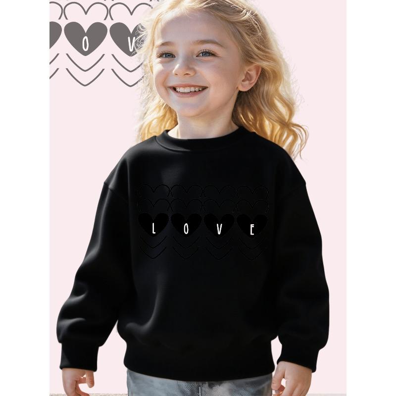 European sizes Kids' "Love in Black And White: A Heartfelt Pattern" Print Long Sleeve Crewneck Sweatshirt - Cozy Casual Pullover Top