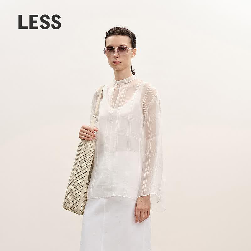 

LESS Women s Plaid Silk Blend Stand Collar Loose Shirt M