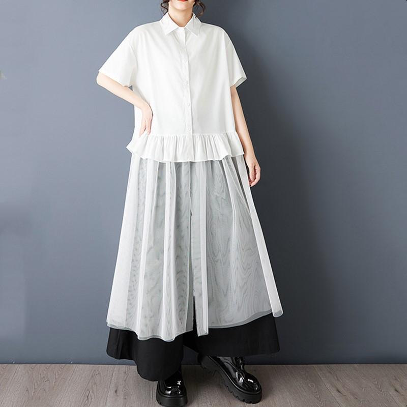 short sleeve Plus size cotton mesh vintage patchwork new in dresses for women casual loose long summer Shirt dress