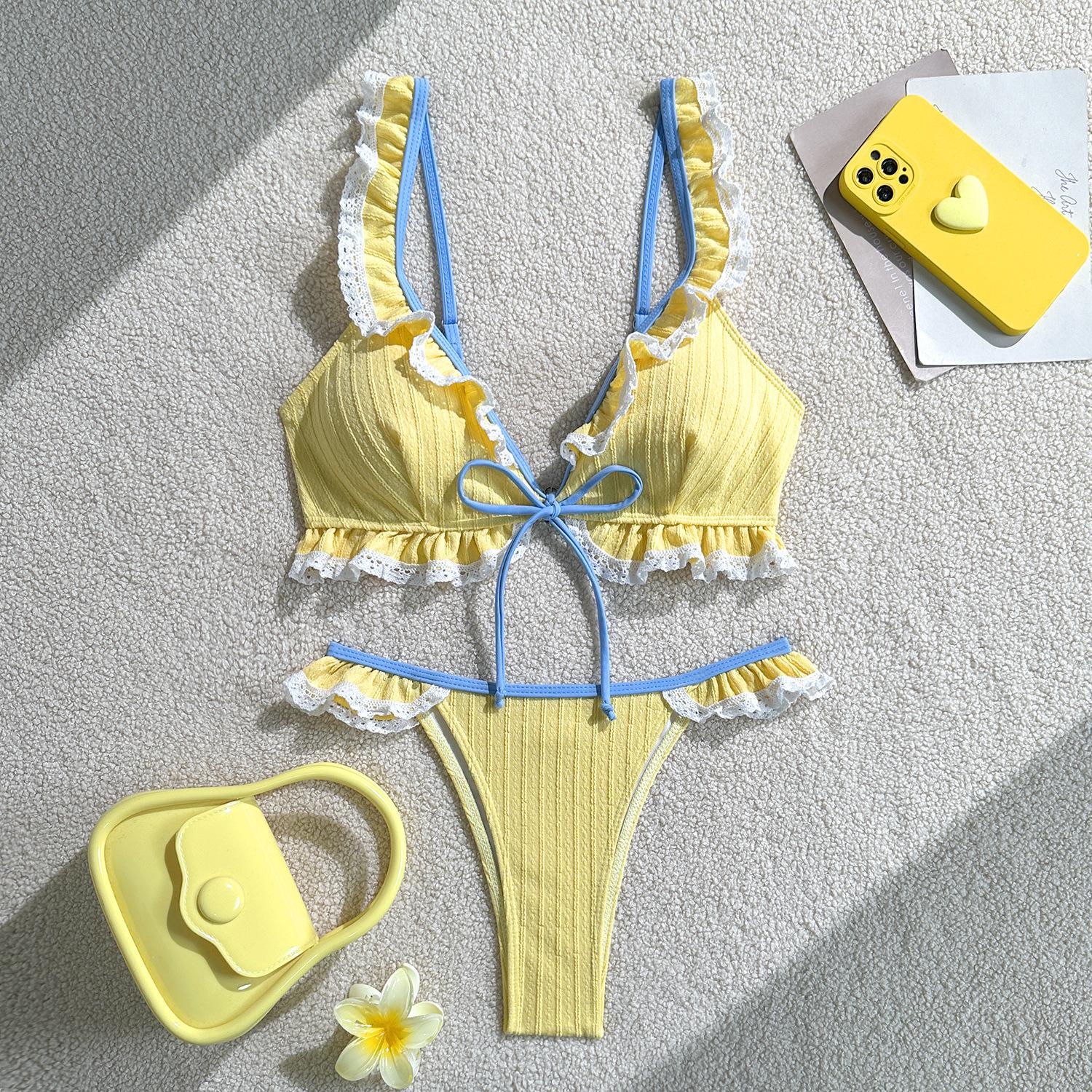 

2026 European and American Fashion and Sexy New Tether Solid Color Swimsuit Women s Two-piece Bikini Bikini Swimsuit S