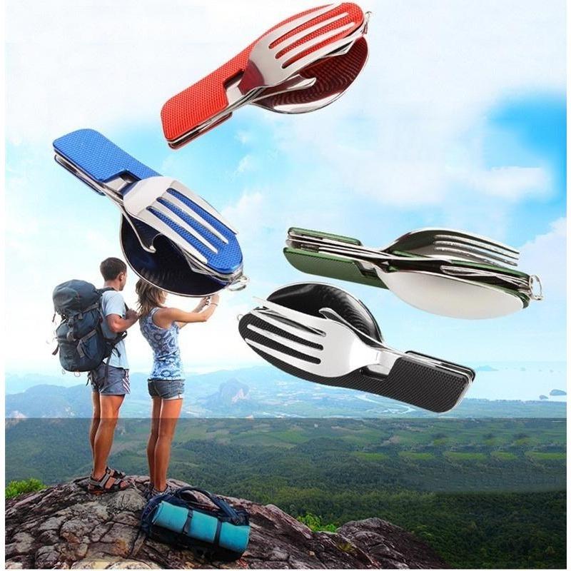 Multifunction 4 In 1 Outdoor Tableware Camping Stainless Steel Folding Pocket Kits