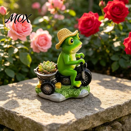 Charmant Tafereel Kikker Decor Fietsende Figuur, Creatieve Bloempot, Hars Tuinbeeld, Weerbestendig Miniatuur Micro Landschap Succulenten