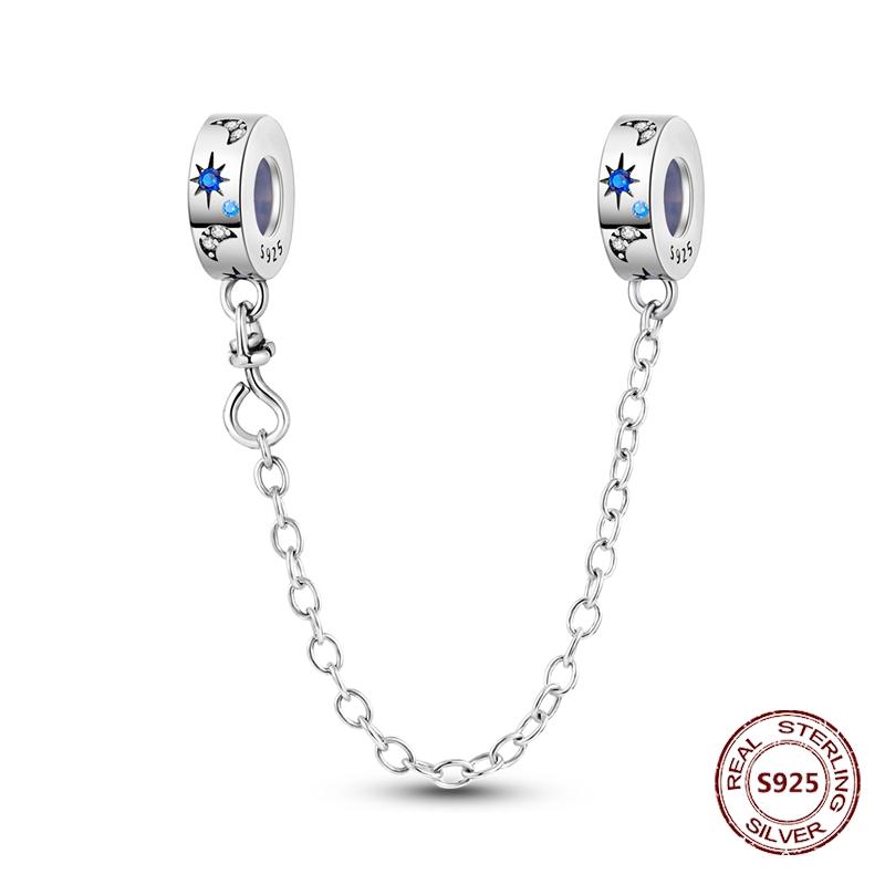 925 Silver Star Moon Bracelet Ocean Safety Chain with Colored Zircon Beads DIY Fine Jewelry for Women