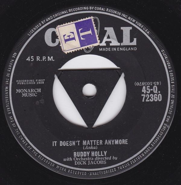 

7inch Record BUDDY HOLLY - It Doesn t Matter Anymore / Raining 45Q72360 Coral 1959 UK Rock Used