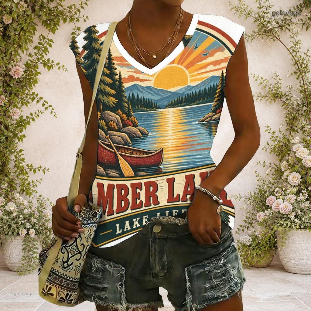 Women Plus Size V Neck Wide Short Sleeve Landscape Text Printed T Shirt