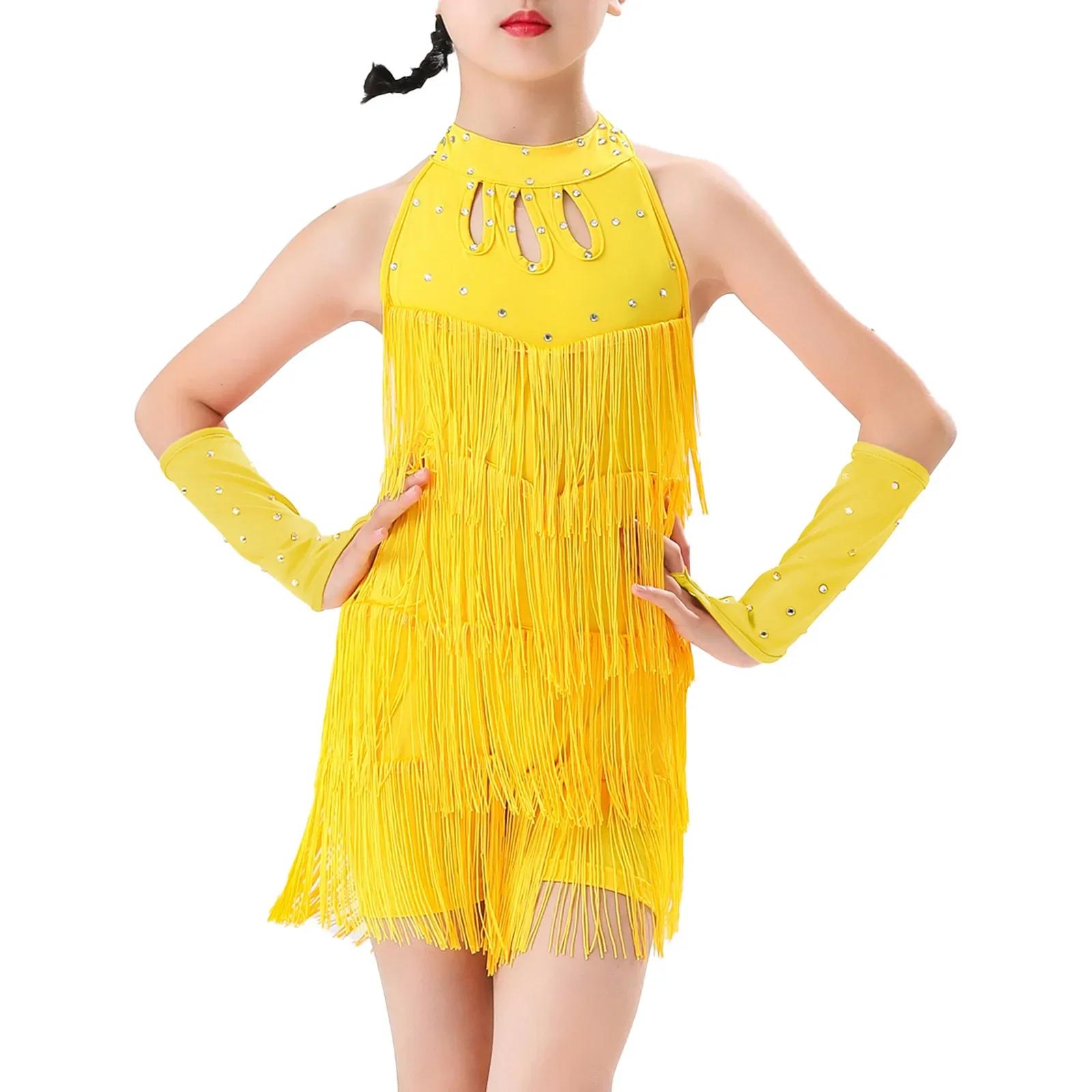 

Sequin Fringe Latin Dance Dress Ballroom Tango Salsa Dress Child Kids Girls Competition Professional Latin Dance Costume 160