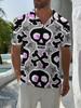 Men's Short-Sleeve Polo Shirt with Skull & Crossbones Print - Full-Body Button-Up Lapel Collar, Minimalist Summer Beachwear Suitable for Dates, Casual