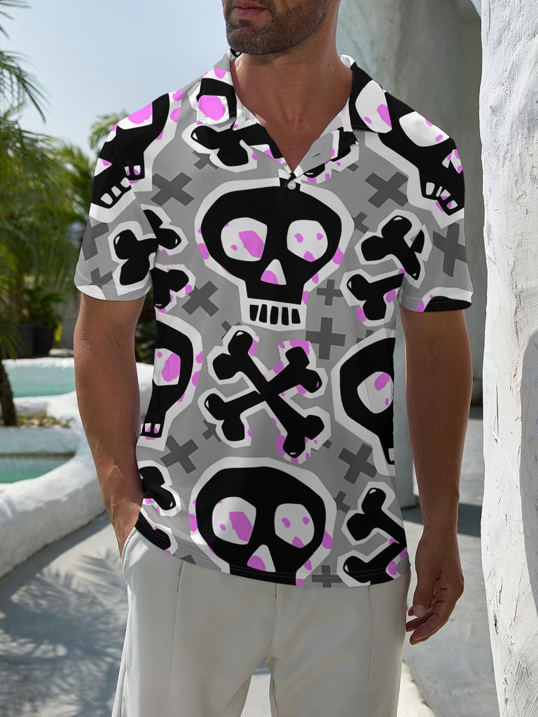 Men's Short-Sleeve Polo Shirt with Skull & Crossbones Print - Full-Body Button-Up Lapel Collar, Minimalist Summer Beachwear Suitable for Dates, Casual