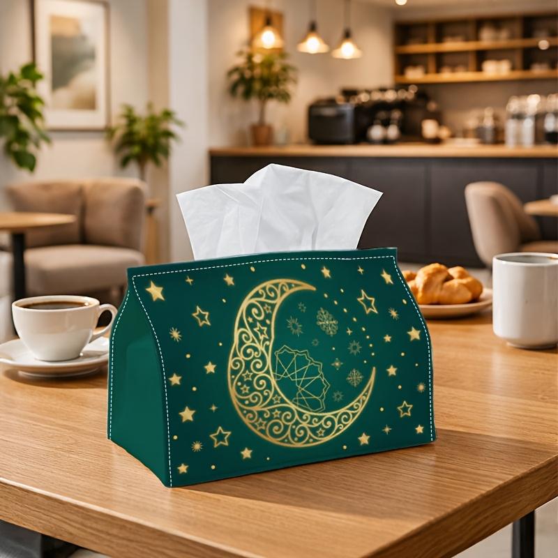 1pc Eid Decoration Teal Golden Celestial Moon Tissue Box with Islamic Pattern Starry Mystical-Napkin Storage Organizer for Kitchen,Car,Decorative Box