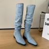 Krazing Pot Denim automne hiver chaussures bout rond épais talons moyens sans lacet plissé décoration bottes occidentales femmes cuissardes