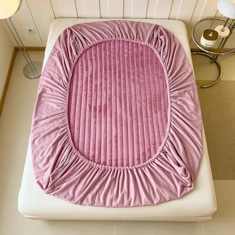 Thicken Bedsheet for Winter Bedcover Fluffy Plush Elastic Mattress Cover Fluffy Fleece Bed Linens Non-slip Mattress Cover