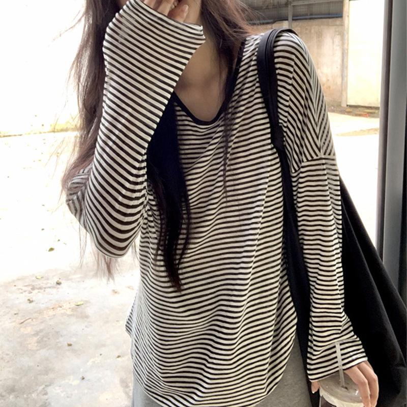 

Полосатый трикотажный свитер с длинным рукавом из ледяного шелка, женский, нишевый, свободный, ленивый, тонкий, для кондиционирования воздуха, топ с защитой от солнца average size F