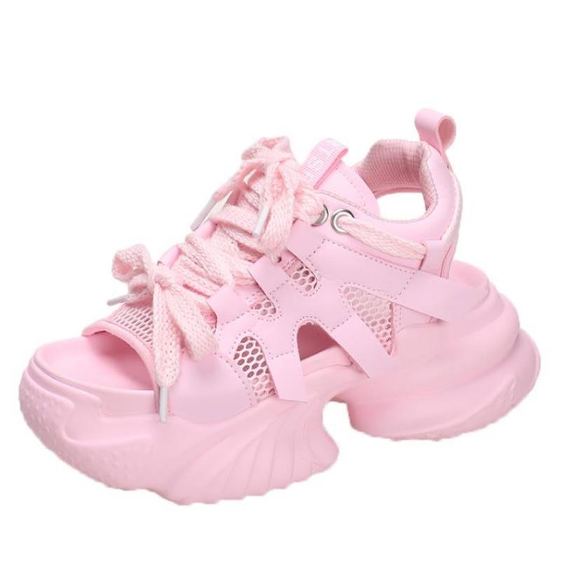 Fashion Pink Mesh Breathable Women Sandals New Comfortable Shoes Fashion Summer 7.5CM Peep Toe Platform Wedge High Hidden Heels Ladies