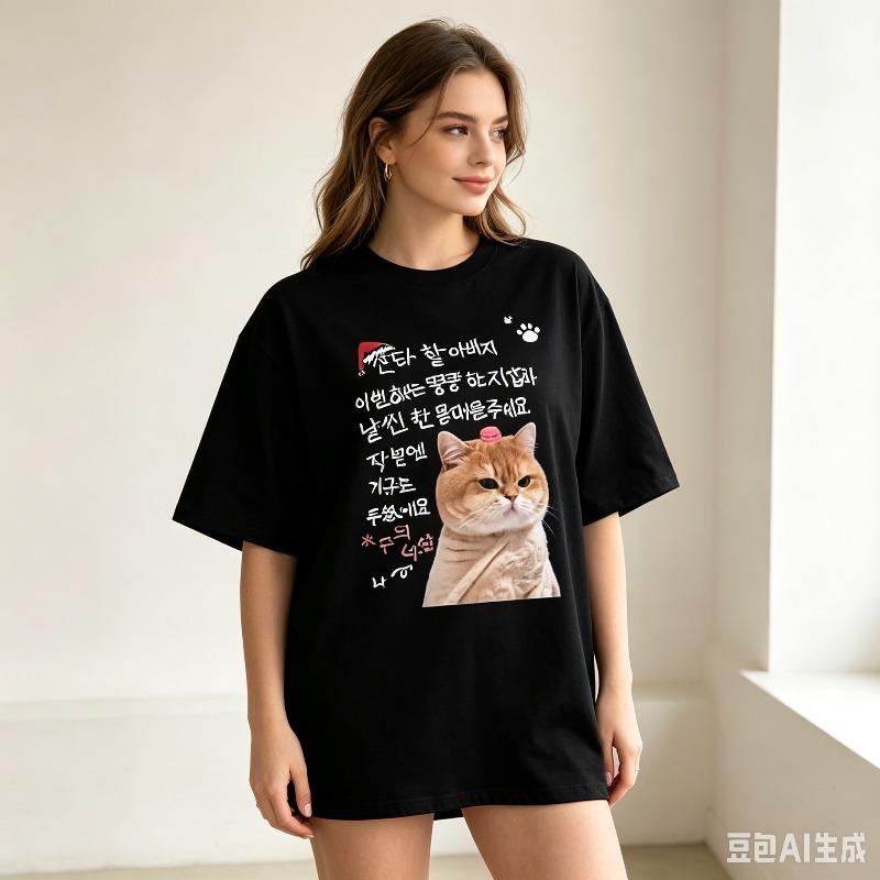 Soft Cotton Cute Cat Graphic Tshirt Korean Handwritten Text Pet Lover Round Neck Daily Short Sleeve Tee