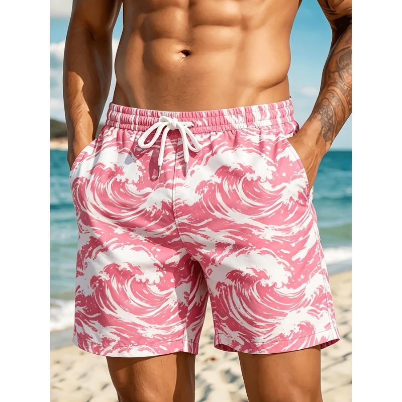 Herren Strandshorts, Herrenshorts, Rosa und Weiß Wellenmuster Print, Sporthosen, Dünne Shorts, Freizeitshorts, Viertelhosen