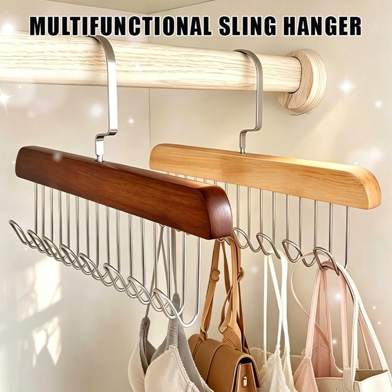 Wooden Multifunctional Sling Hanger With Metal Hooks For Closet Organizing Storing Bras Bags Tank Tops