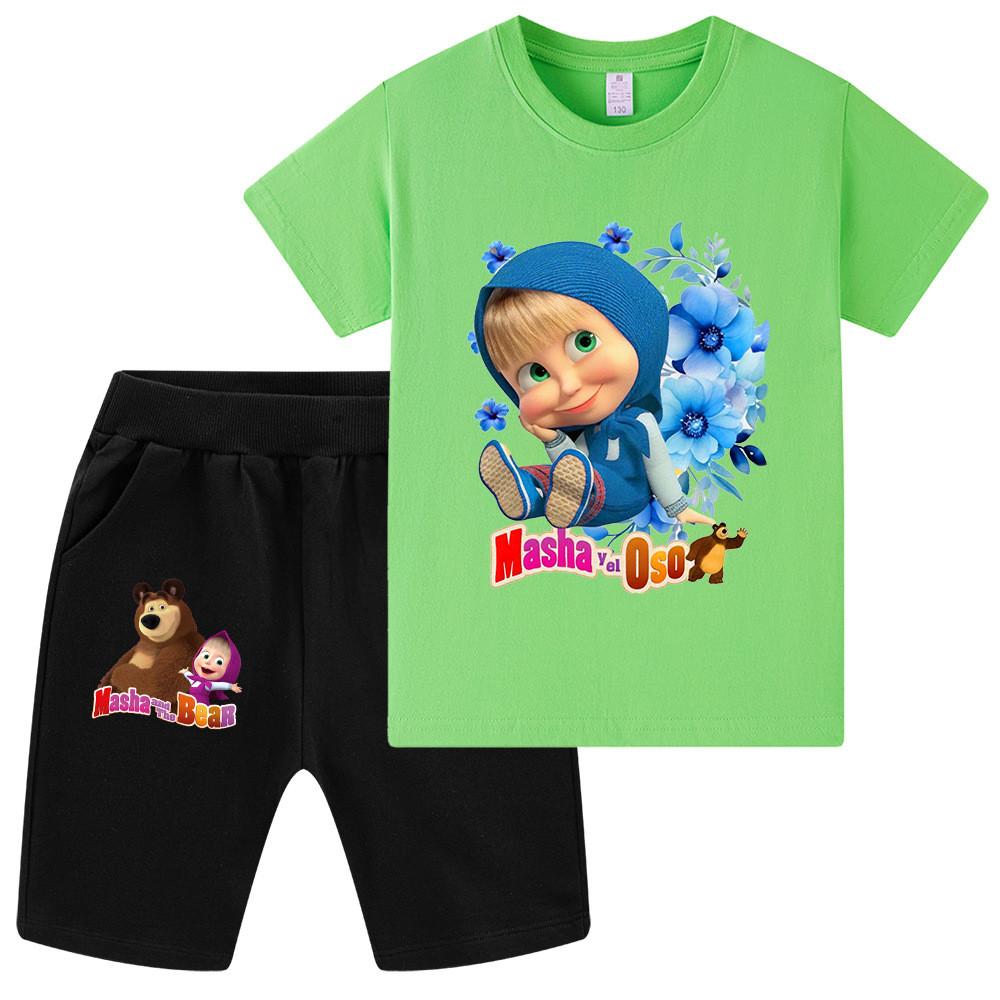 

WA1346 Multi-color Casual Kids Girls Masha Bear Print Short Sleeves T-shirt Shorts Sets 140cm